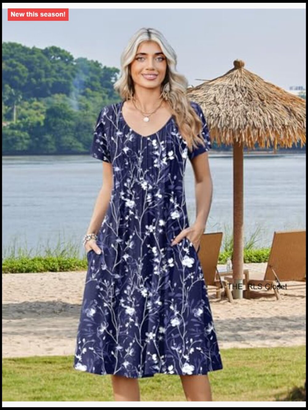 Pleated Midi A-Line Dress with Pockets, Short Sleeve, Casual Summer - Picture 5 of 7